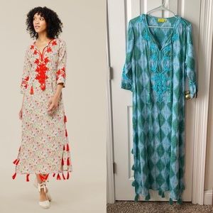 Roller Rabbit 3/4 Sleeve Embroidered Print Tassel Maxi Kurta Caftan Kaftan Dress